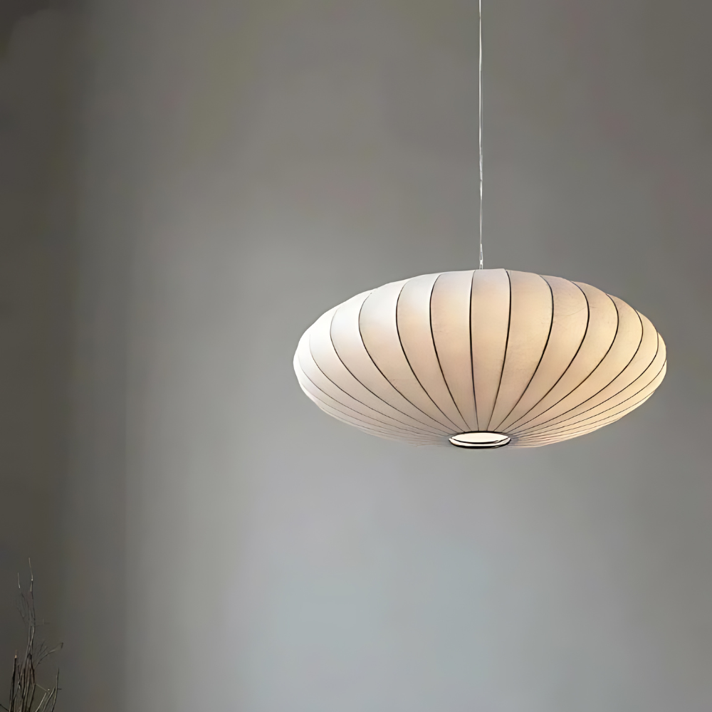 Velunza Loftslampe i Silke med Metalramme – Elfenbenshvid Designlampe i Ø30cm eller Ø50cm til Stue, Soveværelse og Spisestue Bonusvis