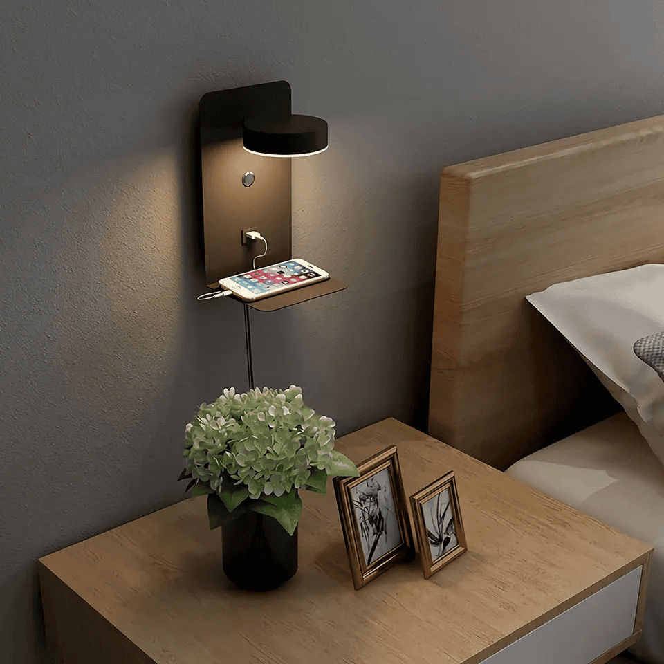 LumaWall – Dæmpbar LED Væglampe med USB Oplader til Soveværelse sort Bonusvis
