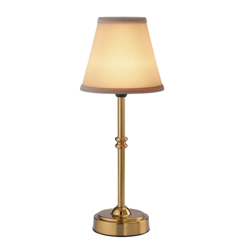 LumiRetro Trådløs Bordlampe i Tøj – Justerbar Lysstyrke og Lang Batterilevetid Guld Bomuld Bonusvis