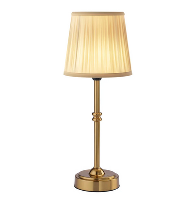 LumiRetro Trådløs Bordlampe i Tøj – Justerbar Lysstyrke og Lang Batterilevetid Guld Plisseret Bonusvis