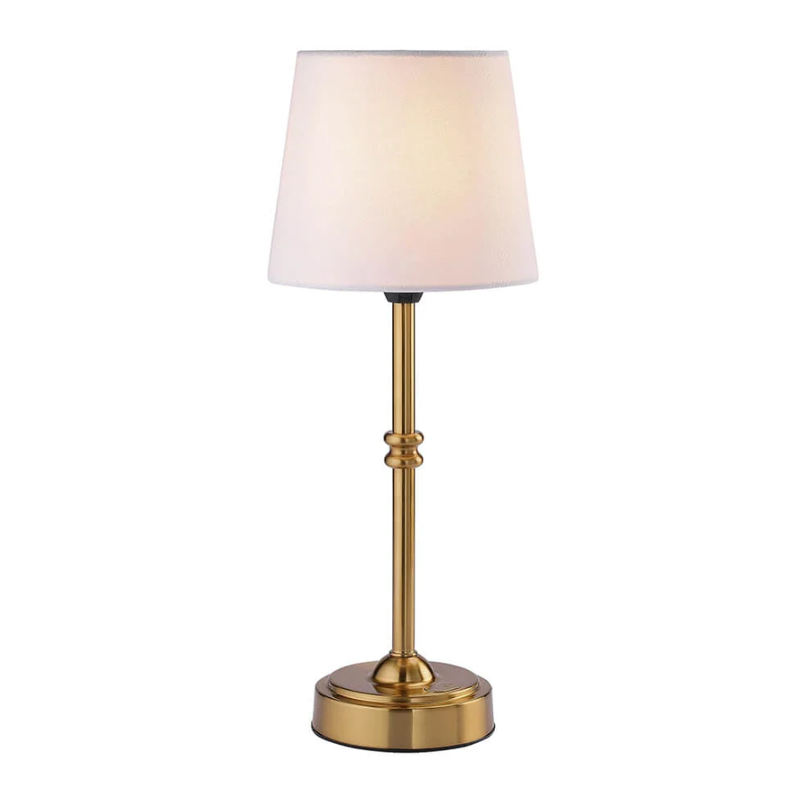 LumiRetro Trådløs Bordlampe i Tøj – Justerbar Lysstyrke og Lang Batterilevetid Guld Stof Bonusvis