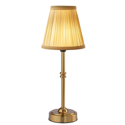 LumiRetro Trådløs Bordlampe i Tøj – Justerbar Lysstyrke og Lang Batterilevetid Guld Silke Bonusvis