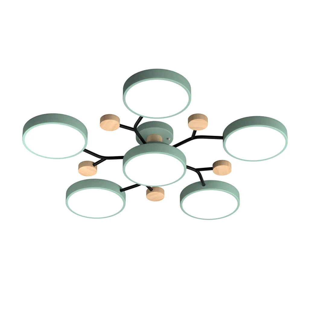 Moderne Geometrisk LED Plafonnier – Metal og Trædesign med Blødt Lys Grøn 6 Hoveder Bonusvis
