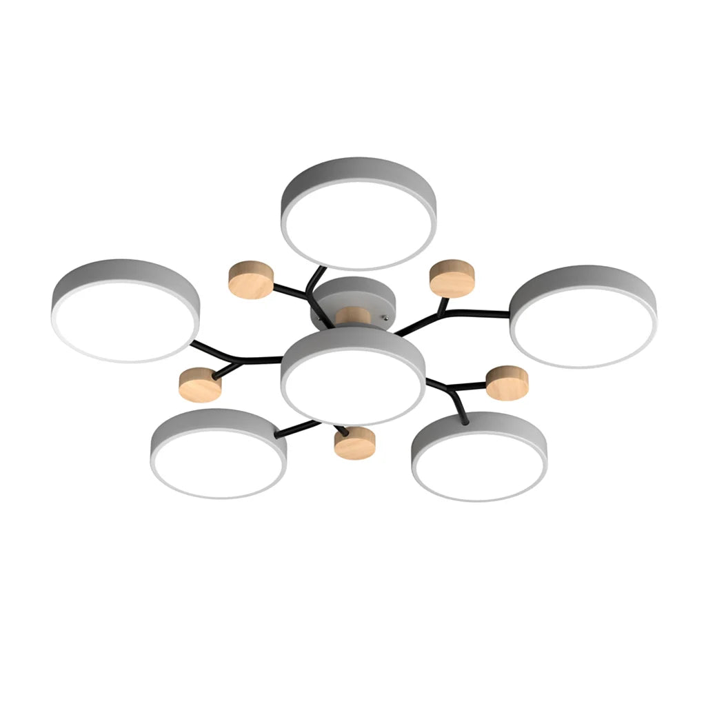 Moderne Geometrisk LED Plafonnier – Metal og Trædesign med Blødt Lys Grå 6 Hoveder Bonusvis
