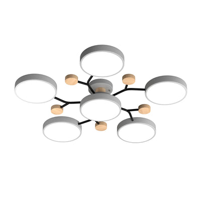 Moderne Geometrisk LED Plafonnier – Metal og Trædesign med Blødt Lys Grå 6 Hoveder Bonusvis
