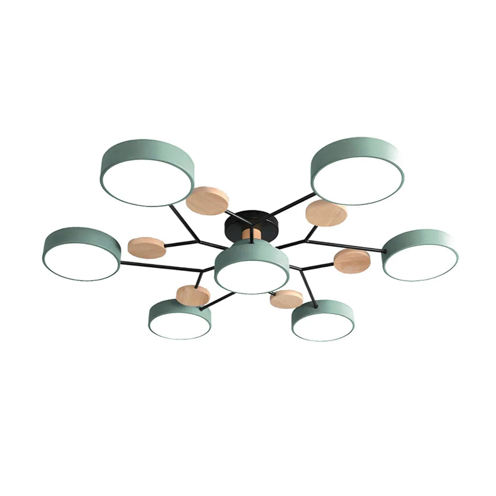 Moderne Geometrisk LED Plafonnier – Metal og Trædesign med Blødt Lys Grøn 7 Hoveder Bonusvis