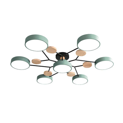 Moderne Geometrisk LED Plafonnier – Metal og Trædesign med Blødt Lys Grøn 7 Hoveder Bonusvis