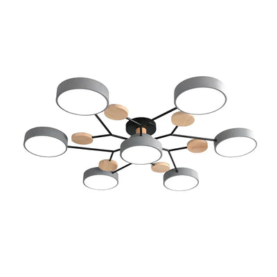 Moderne Geometrisk LED Plafonnier – Metal og Trædesign med Blødt Lys Grå 7 Hoveder Bonusvis