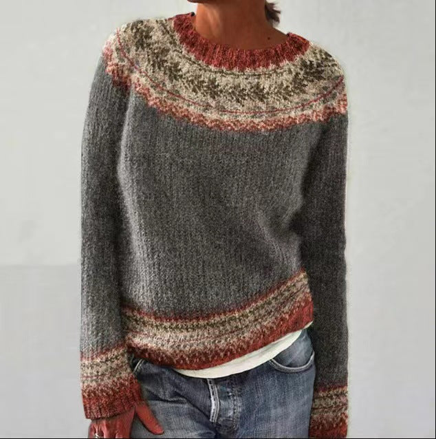 Tidløs Ribstrikket Crewneck Sweater – Komfort og Elegance til Efteråret Grå Rød Bonusvis