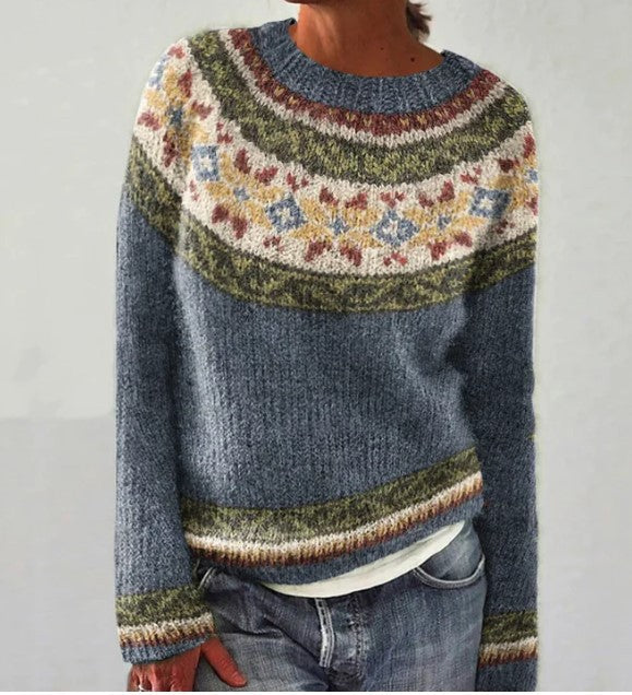 Tidløs Ribstrikket Crewneck Sweater – Komfort og Elegance til Efteråret Blå Gul Bonusvis