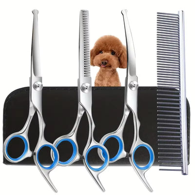 Sikkert Hundesaksesæt med Rundede Spidser – 5 Dele Groomingsæt med Kam og Etui, Rustfrit Stål til Alle Kæledyr Bonusvis