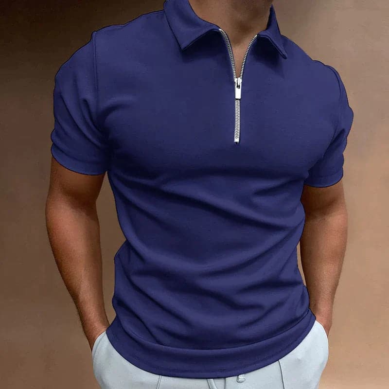 Zayro Herre Poloshirt – Slim Fit Polo med Kort Ærme og Lynlåslukning i Strækbar Bomuldsblanding Mørkeblå Bonusvis