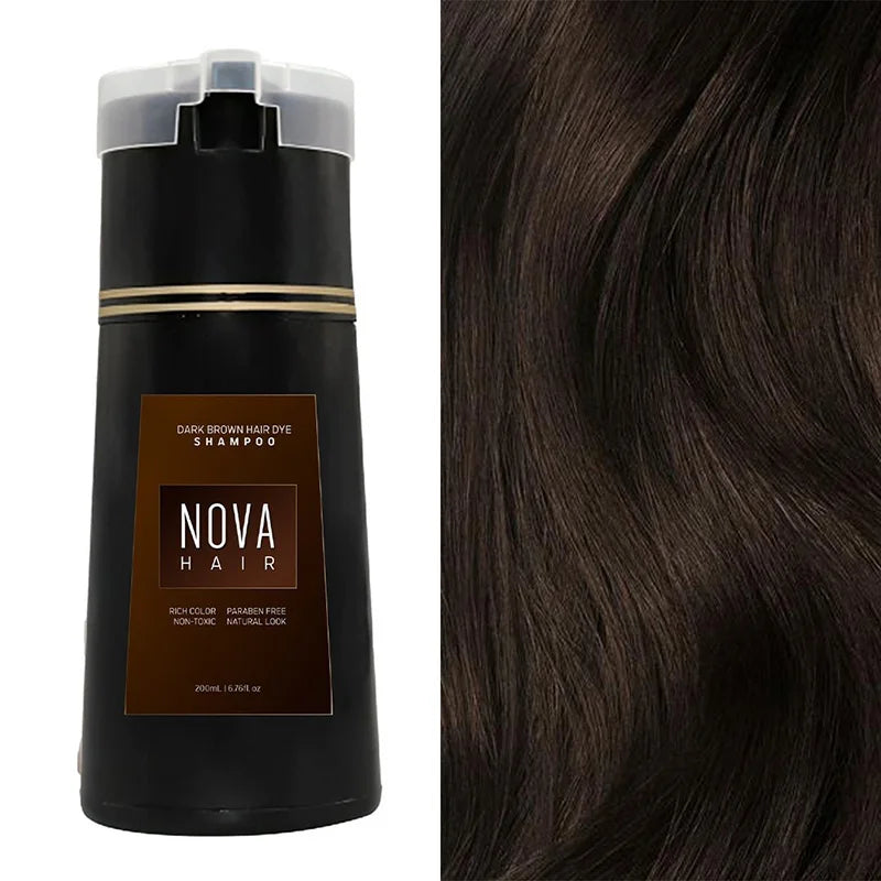 NovaHair Instant Farveshampoo – Hurtig og Skånsom Hårfarve uden Ammoniak Mørk brun (200ml) Bonusvis