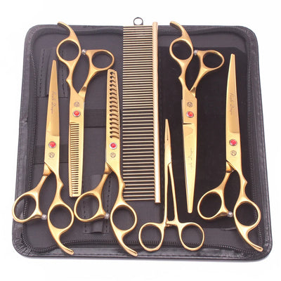 7-Dele Professionelt Hundesaksesæt i Rustfrit Stål – Groomingsæt med Kam og Etui, Ergonomisk Design i Flere Farver Guld Bonusvis