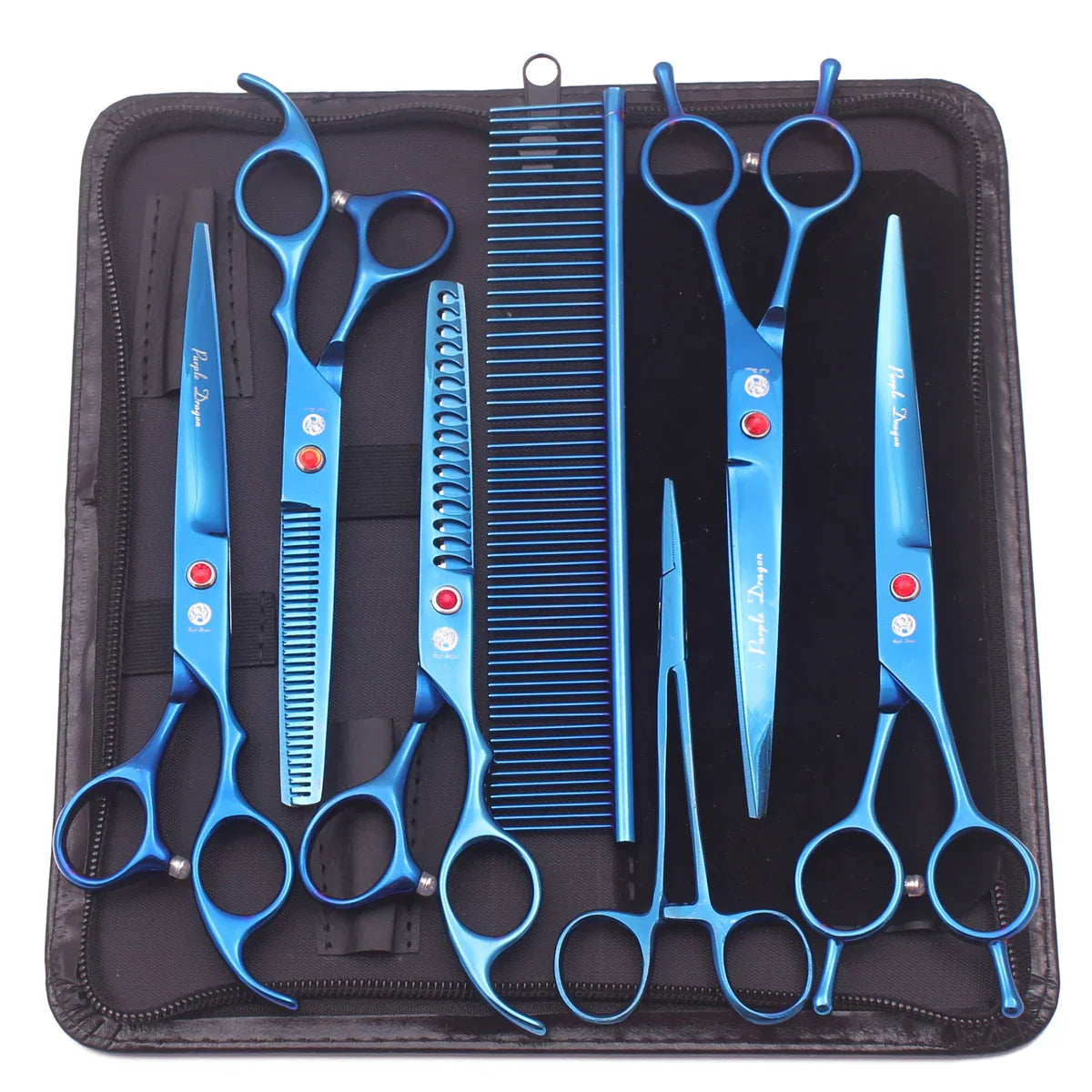 7-Dele Professionelt Hundesaksesæt i Rustfrit Stål – Groomingsæt med Kam og Etui, Ergonomisk Design i Flere Farver Blå Bonusvis