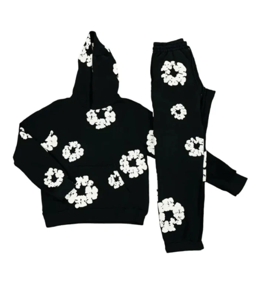 Lunaria Unisex Blomstersæt – Komfortabel Hoodie og Bukser i Åndbart Stof med Blomsterprint Sort Bonusvis