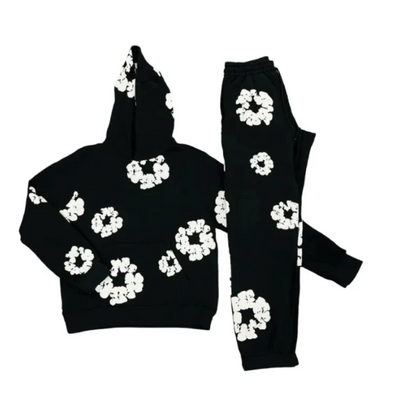Lunaria Unisex Blomstersæt – Komfortabel Hoodie og Bukser i Åndbart Stof med Blomsterprint Sort Bonusvis