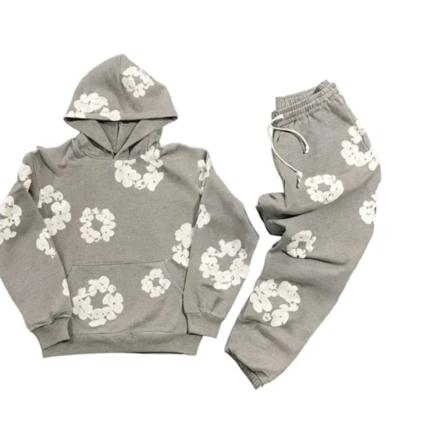 Lunaria Unisex Blomstersæt – Komfortabel Hoodie og Bukser i Åndbart Stof med Blomsterprint Grå Bonusvis