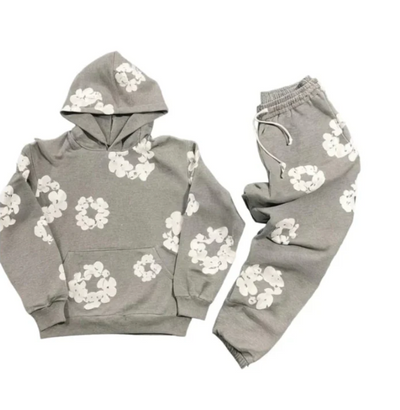 Lunaria Unisex Blomstersæt – Komfortabel Hoodie og Bukser i Åndbart Stof med Blomsterprint Grå Bonusvis