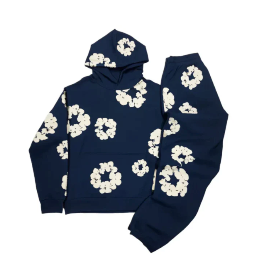 Lunaria Unisex Blomstersæt – Komfortabel Hoodie og Bukser i Åndbart Stof med Blomsterprint Mørkeblå Bonusvis