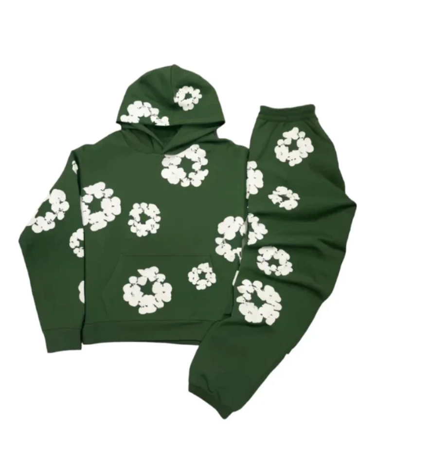 Lunaria Unisex Blomstersæt – Komfortabel Hoodie og Bukser i Åndbart Stof med Blomsterprint Grøn Bonusvis