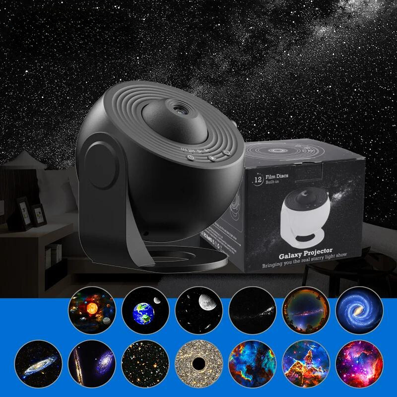 CelestialGlow | 12-i-1 HD Projektion & Rotations Star Projektor Lampe Sort Bonusvis
