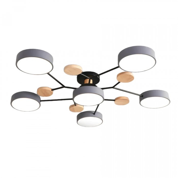 NordicLume - Moderne LED-loftslampe i metal og træ 6 Hoveder Grå Bonusvis