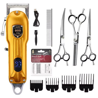 Premium Hundeklippesæt med Trimmer og Frisørsakse – Støjsvag, Genopladelig Hundefrisørmaskine med Tilbehør Gold Complete Set Bonusvis