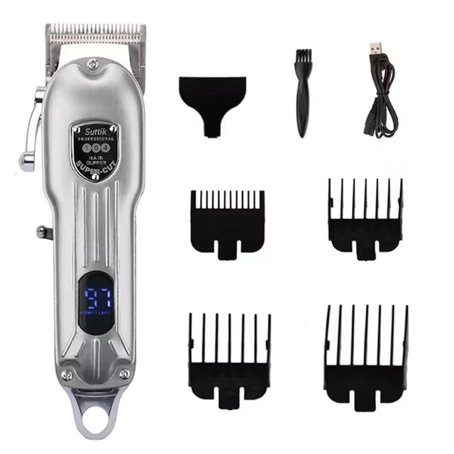 Premium Hundeklippesæt med Trimmer og Frisørsakse – Støjsvag, Genopladelig Hundefrisørmaskine med Tilbehør Silver Set - No Scissors Bonusvis