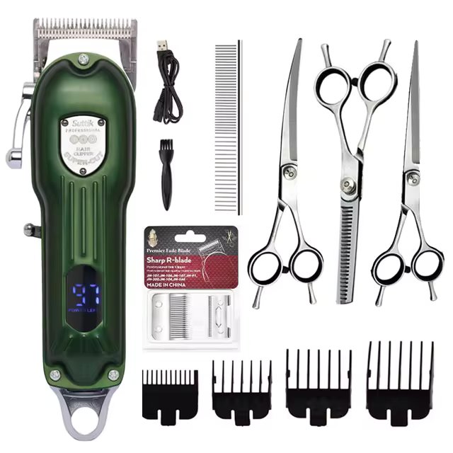 Premium Hundeklippesæt med Trimmer og Frisørsakse – Støjsvag, Genopladelig Hundefrisørmaskine med Tilbehør Green Complete Set Bonusvis