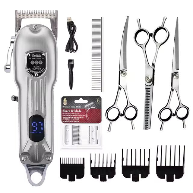 Premium Hundeklippesæt med Trimmer og Frisørsakse – Støjsvag, Genopladelig Hundefrisørmaskine med Tilbehør Silver Complete Set Bonusvis