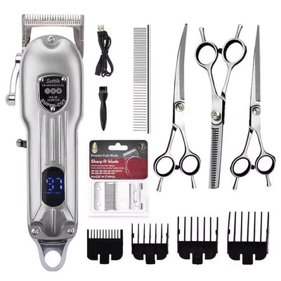 Premium Hundeklippesæt med Trimmer og Frisørsakse – Støjsvag, Genopladelig Hundefrisørmaskine med Tilbehør Silver Complete Set Bonusvis